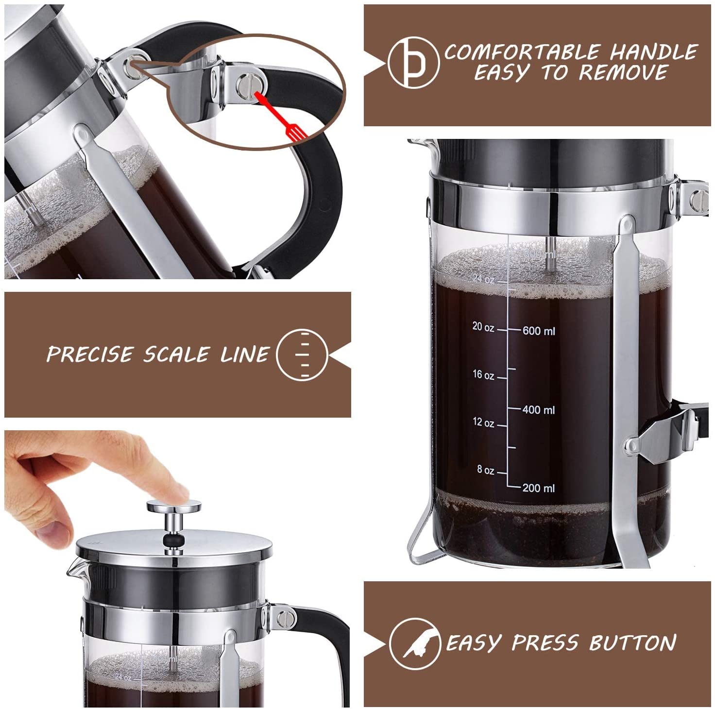 Mateebake French Press Coffee Maker(12 OZ), 304 Stainless Steel Coffee  Press 4 Level Filtration System, Heat Resistant Thickened Borosilicate  Glass